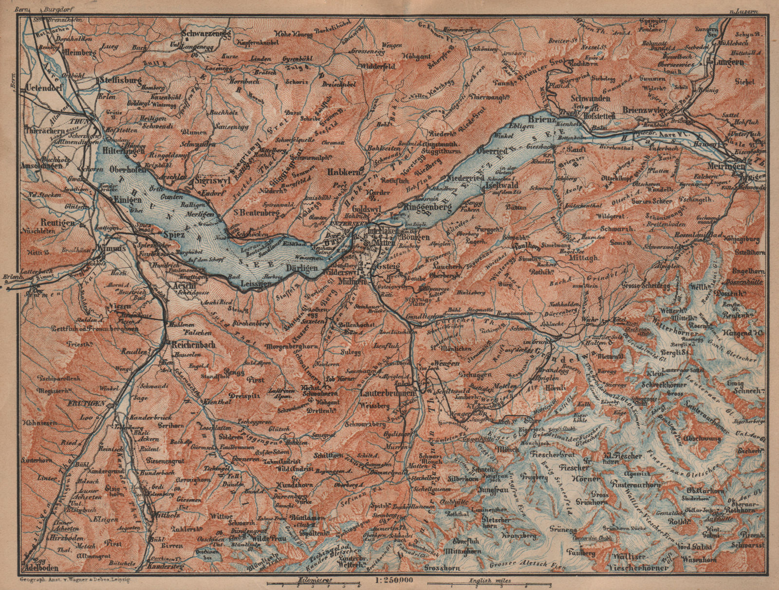 BERNESE OBERLAND. Wengen Mürren Grundelwald Reutigen Interlaken Eiger 1909 map